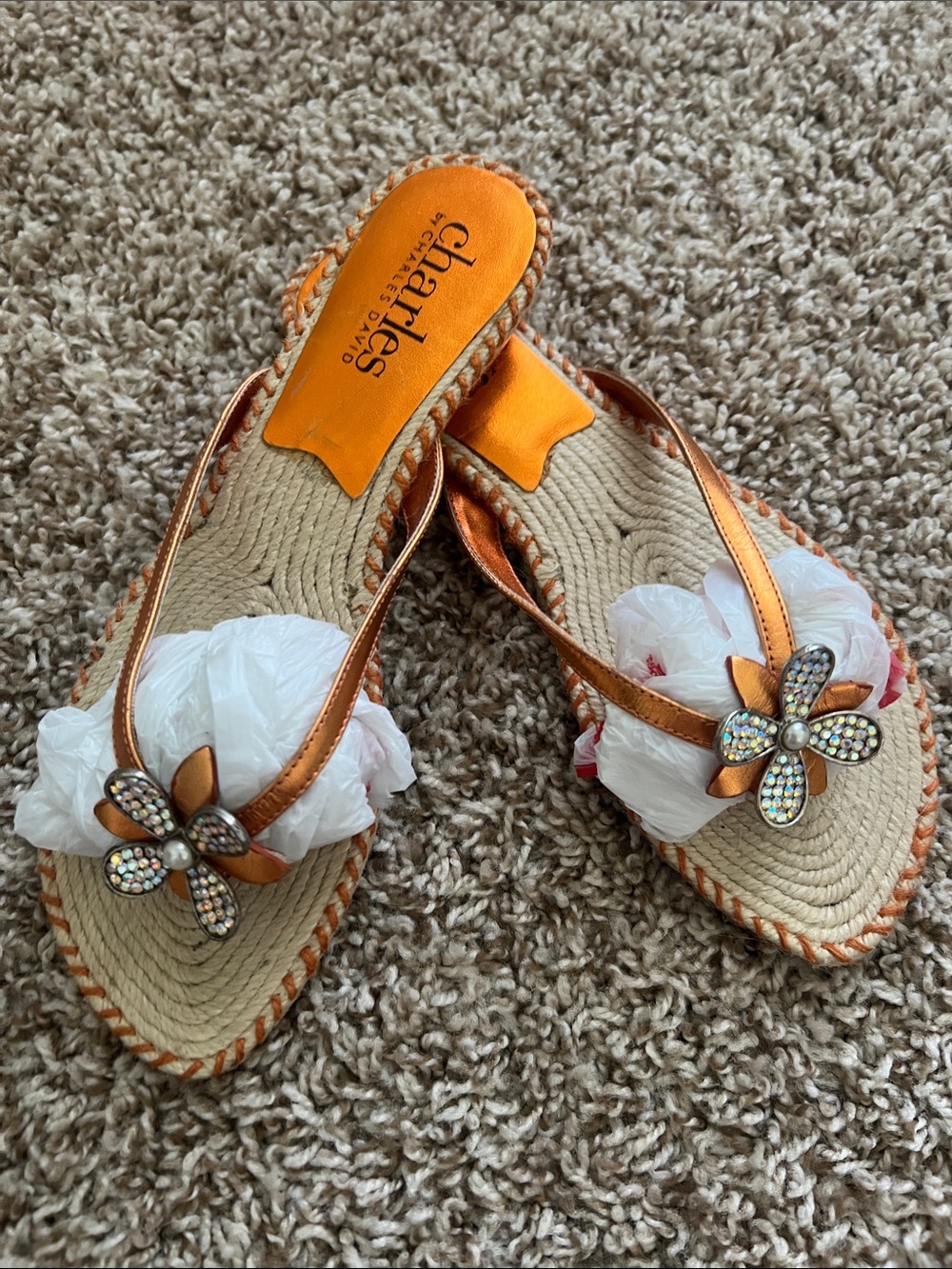 Charles David Metallic Orange Jeweled Flower Thong Sandals